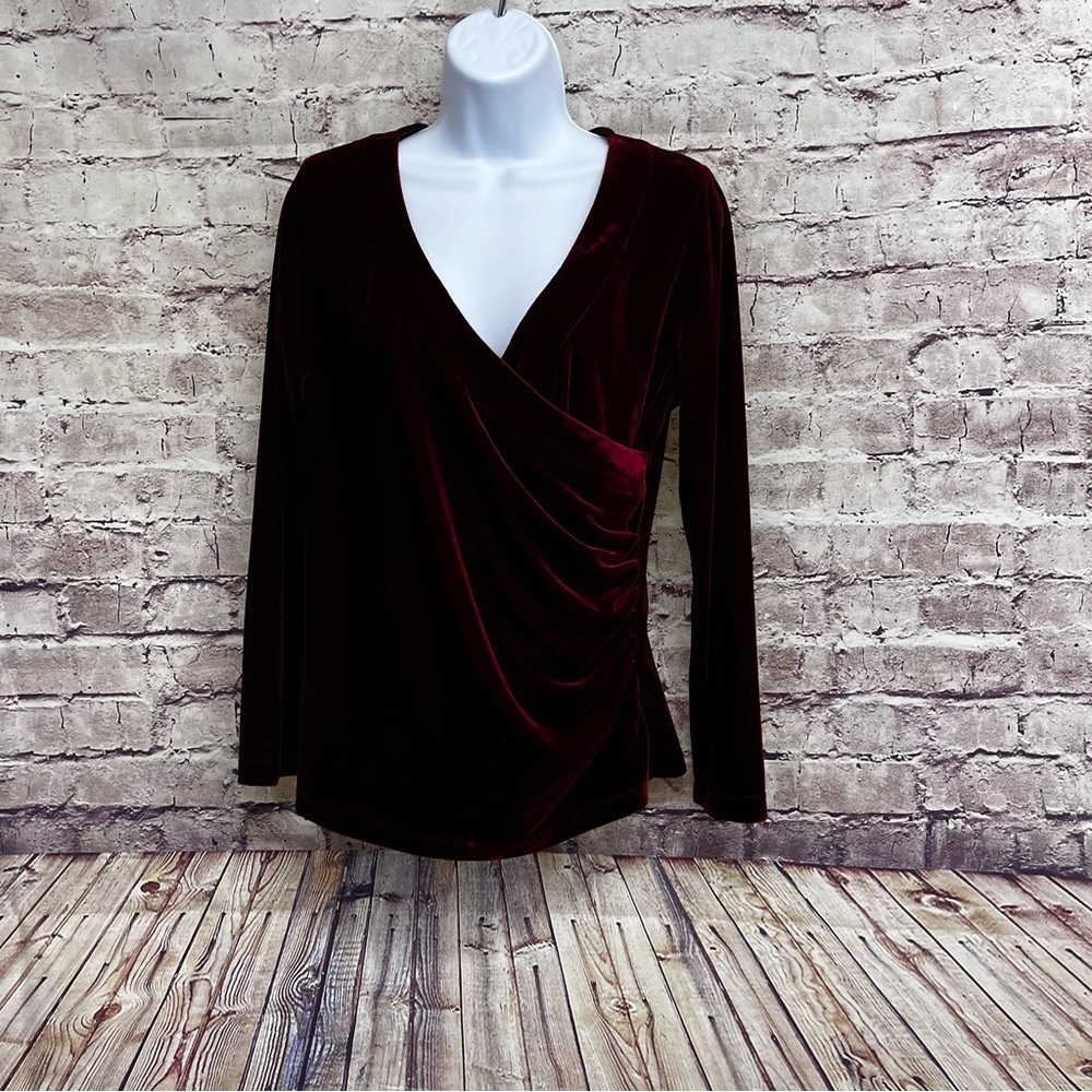 Soft Surroundings Red Velour Faux Wrap Long Sleeve Top